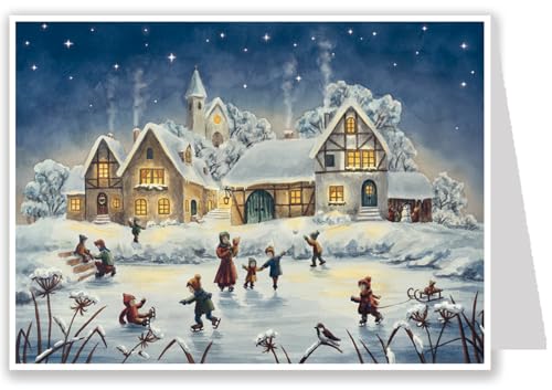 Postkarten-Adventskalender "Schlittschuhlaufen vor dem Dorf" mit Umschlag zum Verschicken von Richard Sellmer Verlag