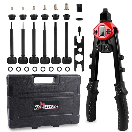 Richeer Nietenzange Set, 13"Multifunktional Gewindenieten Zange Set Mit Koffer, Blindnietzange für 6,4mm-2,4mm Blindnieten und 5 austauschbare Köpfe, Nietzange M3-M10 und 60 PCS Nietmuttern von Richeer