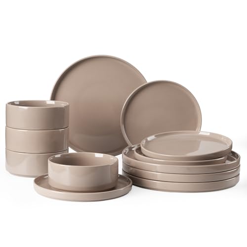 Richmount Nebula Geschirrset 4 Personen, 12-teiliges Teller Set und das Schüsselset, Steingut Geschirr Set, Kombiservice Geschirr Set, Tafelservice, Mikrowellen- & Spülmaschinenfest, Zimtbraun von Richmount