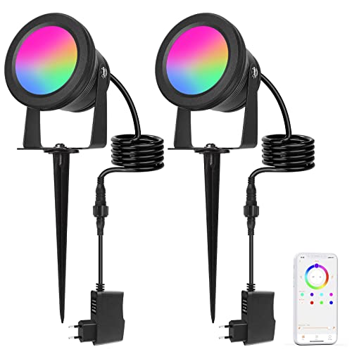 Richsing Gartenbeleuchtung, 15W RGB Gartenleuchte LED mit Erdspieß,IP67 Wasserdicht Smart Spot LED Dimmbar,2PCS Gartenstrahler mit Bluetooth App, Gartenlampe mit Kabel Stecker, LED Strahler Außen12V von Richsing