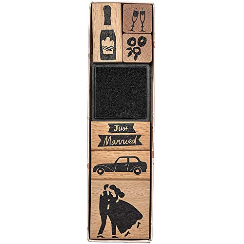 Rico Design Paper Poetry Stempelset Just Married - Holzstempel mit Stempelkissen zum Basteln für Kinder - 6 Motive - Stempel aus Holz DIY von Rico Design