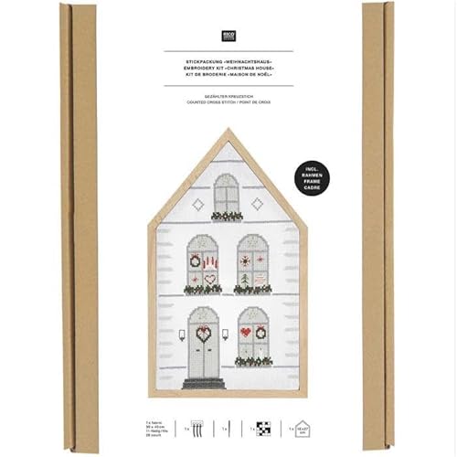Rico Design Stickpackung Weihnachtshaus mit Holzrahmen, Stoff, Stickgarn und Anleitung von Rico Design