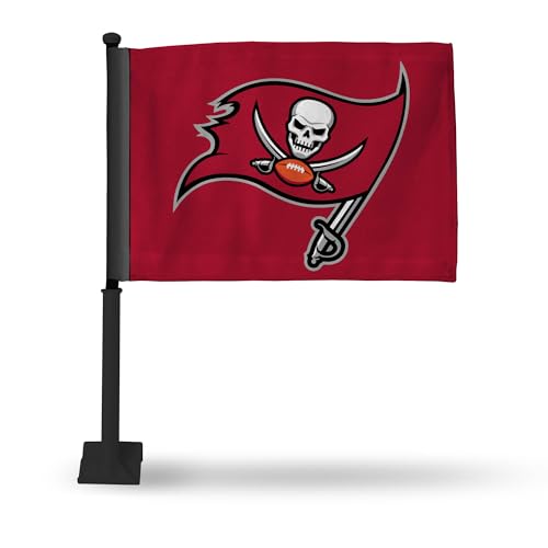 Rico Industries NFL Football Tampa Bay Buccaneers Primary doppelseitige Autoflagge mit schwarzem Stab – 40,6 x 48,3 cm – starke Stange zum Einhaken an Auto/LKW/Auto von Rico Industries
