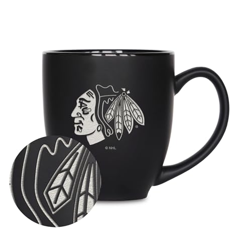 Rico Industries NHL Hockey Chicago Blackhawks 425 ml, lasergraviert, mattschwarze Keramik-Bistro-Tasse, für heiße oder kalte Getränke Rico Industries NHL Hockey Chicago Blackhawks 425 ml, lasergraviert, mattschwarze Keramik-Bistro-Tasse, für heiße oder kalte Getränke von Rico Industries