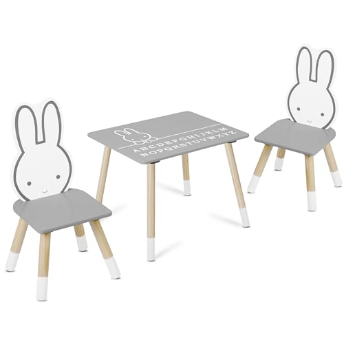 Ricokids Tisch mit Zwei Kinderstühlen - Kindertisch und Stühle - Ästhetisch Ansprechend - Robuste und Massive Holz und MDF Konstruktion - Grau mit Kaninchenmotiv - mit Alphabet - 50x60x47cm Ricokids Tisch mit Zwei Kinderstühlen - Kindertisch und Stühle - Ästhetisch Ansprechend - Robuste und Massive Holz und MDF Konstruktion - Grau mit Kaninchenmotiv - mit Alphabet - 50x60x47cm von Ricokids