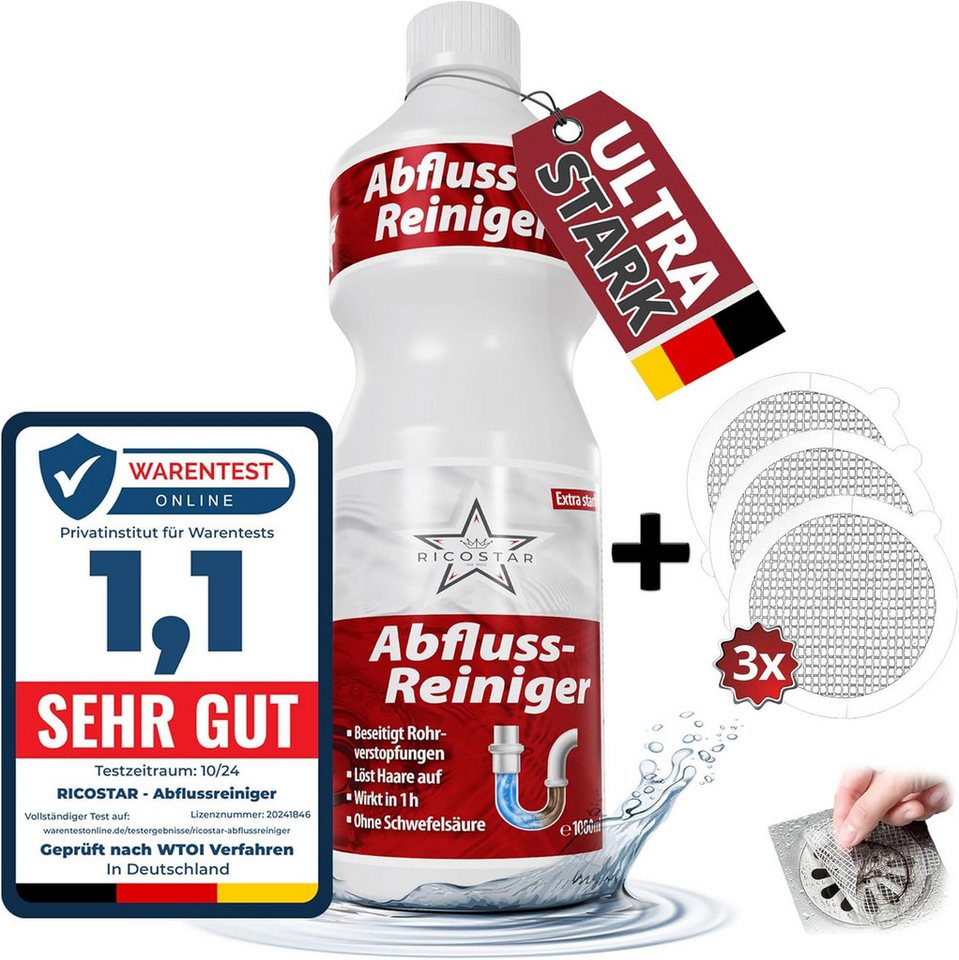 Ricostar Abflussreiniger 1000ml inkl. 3x Haarsieb, Rohrfrei extra stark Rohrreiniger (1-St. 1x 1000ml Profi Rohrreiniger, 1000ml - extra stark) von Ricostar