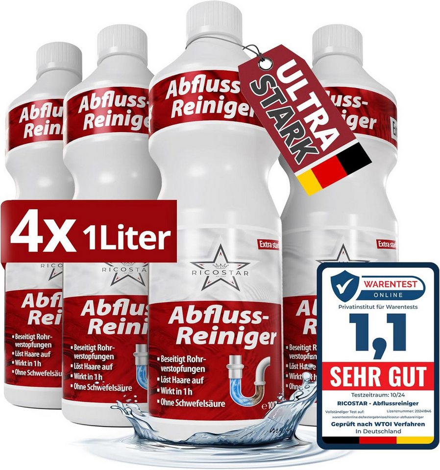 Ricostar Abflussreiniger 1000ml Rohrreiniger (4-St. 1x 1000ml Profi Rohrreiniger, 1000ml - extra stark) von Ricostar