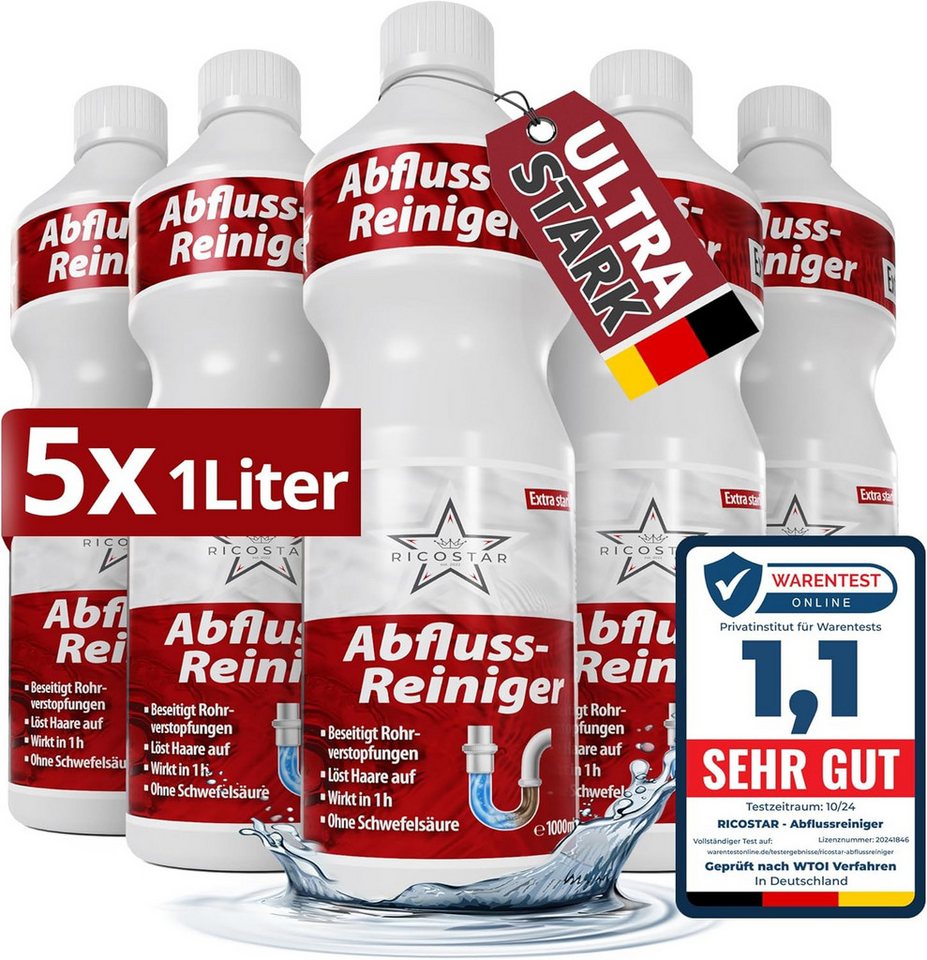 Ricostar Abflussreiniger 1000ml Rohrreiniger (5-St. 1x 1000ml Profi Rohrreiniger, 1000ml - extra stark) von Ricostar