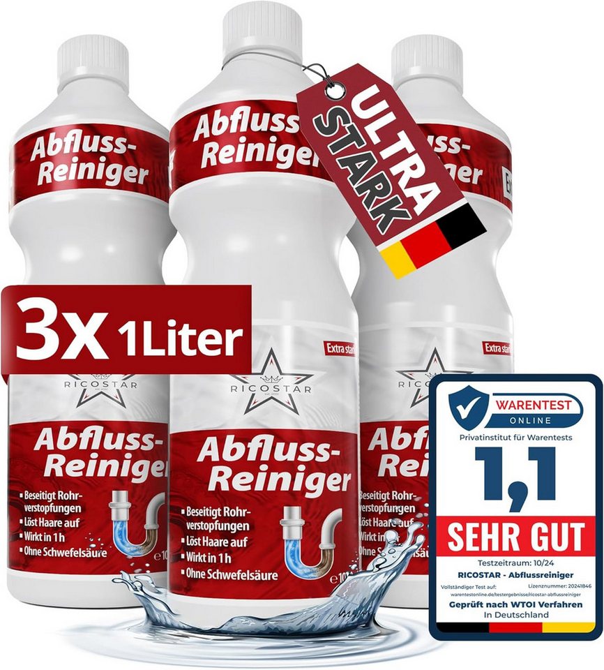Ricostar Abflussreiniger 3x 1000ml – Extra stark, Rohrfrei Rohrreiniger (3-St. 3x 1000ml Ricostar Abflussreiniger + 6x Haarsieb gegen Verstopfungen Extra starker Abflussreiniger – Entfernt Haare, Fett & Schmutz mühelos) Ricostar Abflussreiniger 3x 1000ml – Extra stark, Rohrfrei Rohrreiniger (3-St. 3x 1000ml Ricostar Abflussreiniger + 6x Haarsieb gegen Verstopfungen Extra starker Abflussreiniger – Entfernt Haare, Fett & Schmutz mühelos) von Ricostar
