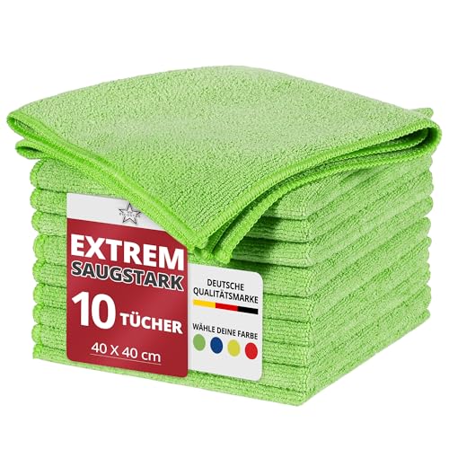 Ricostar Mikrofasertücher Grün 40 x 40 cm, 10 Stück – Microfaser Putztücher ideal für Fenster, Küche, Bad & Auto – Mikrofasertuch saugstark & fusselfrei – Weiche Trockentücher zum Putzen & Polieren von Ricostar