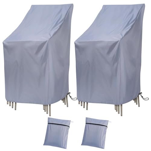 2 Stück Gartenstühle Abdeckung Wasserdicht, Winddicht, UV-Beständiges Gartenstuhl Schutzhülle aus Oxford Polyester, Abdeckhaube für Stapelstühle Gartenstuhl Hochlehner (Grau) von Ricyea