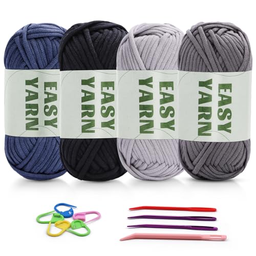 4 X 50g Wolle zum Häkeln Easy Chenille Wolle Zum Häkeln Häkelwolle Dicke Wolle Zum Häkeln gut Sichtbare Maschen, Häkelgarn Dickes Garn Baumwoll-Nylon(Dunkelblau + Hellgrau + Dunkelgrau + Schwarz) von Riddur