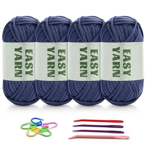 4 X 50g Häkelgarn Wolle zum Häkeln Dickes Garn Häkelwolle Easy Yarn Häkelgarn Chenille Wolle zum Häkeln gut Sichtbare Maschen, Dicke Wolle zum Häkeln Dickes Baumwoll-Nylon-Cowboyblau mit Häkelzubehör von Riddur