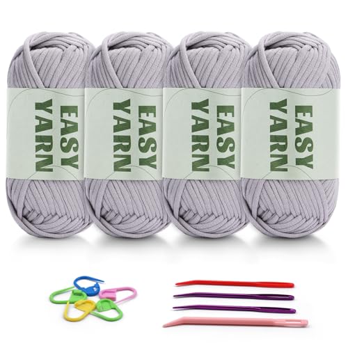 4 X 50g Häkelgarn Wolle zum Häkeln Dickes Garn Häkelwolle Easy Yarn Häkelgarn Chenille Wolle zum Häkeln gut Sichtbare Maschen, Dicke Wolle zum Häkeln Dickes Baumwoll-Nylon-Hellgrau mit Häkelzubehör von Riddur
