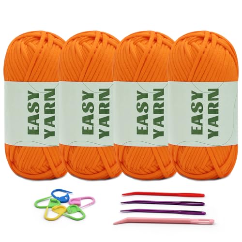 4 X 50g Häkelgarn Wolle zum Häkeln Dickes Garn Häkelwolle Easy Häkelgarn Chenille Wolle zum Häkeln gut Sichtbare Maschen, Dicke Wolle zum Häkeln Dickes Baumwoll-Nylon-Orangefarbenes mit Häkelzubehör von Riddur