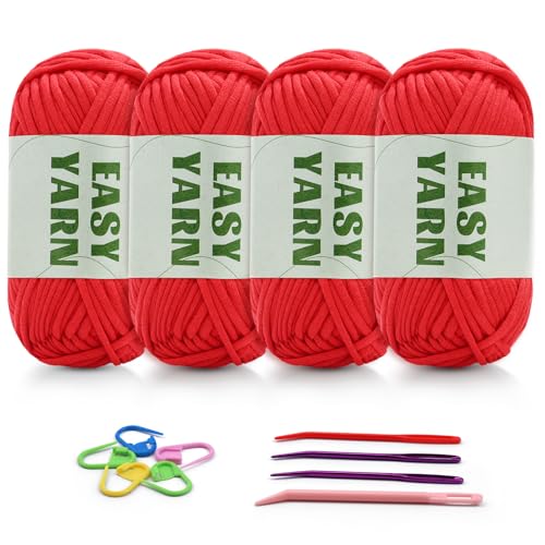4 X 50g Easy Yarn Häkelgarn Baumwolle Wolle zum Häkeln Dickes Garn Chenille Wolle zum Häkeln gut Sichtbare Maschen, Dicke Wolle zum Häkeln Dickes Baumwoll-Nylon-Rotes mit Häkelzubehör von Riddur