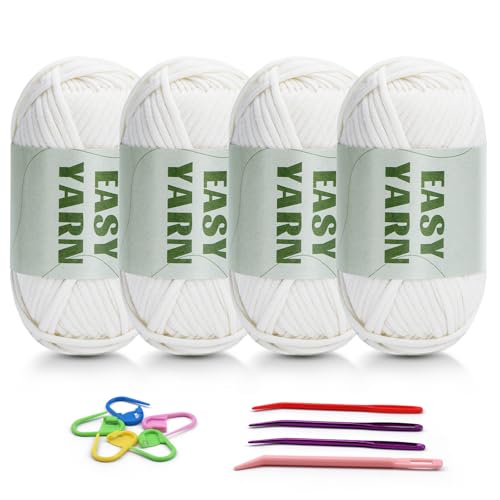 4 X 50g Häkelgarn Wolle zum Häkeln Easy Yarn Chenille Wolle Zum Häkeln Wolle Zum Häkeln gut Sichtbare Maschen, Dicke Wolle zum Häkeln Dickes Baumwoll-Nylon-Weißes mit Häkelzubehör von Riddur