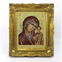 Orthodoxe Christliche Bildwirkerei, Gobelin in Goldstuckrahmen | Orthodox Christian Icon, Gobelin, Gold Frame von RiedAntik
