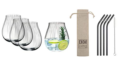 Riedel O 5515/67 Gin Tonic Optical Gläser Set 4 Stück + Gratis 4er Set EKM Living Edelstahl Strohhalme (Schwarz) von Riedel x EKM Living