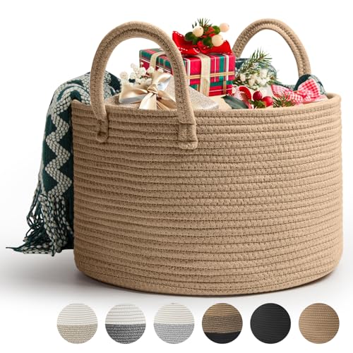 Rieeyrslza Wäschekorb für Decken 32L Geflochten Wäschesammler Baumwolle Seil Korb Faltbare Vielseitiger Aufbewahrungskorb mit Henkel Geeignet für Wohnzimmer und Schlafzimmer(Jute) von Rieeyrslza