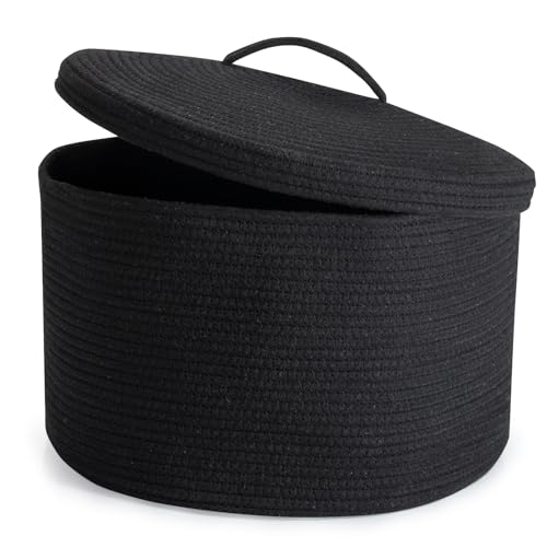 Rieeyrslza Wäschekorb für Decken mit Deckel 32L Gewebter Baumwoll Seil Korb Faltbarer Aufbewahrungskorb mit Hohler Griff, für Kinderzimmer Wohnzimmer, Platzieren Decken Kissen, 40 x 25cm(Schwarz) von Rieeyrslza