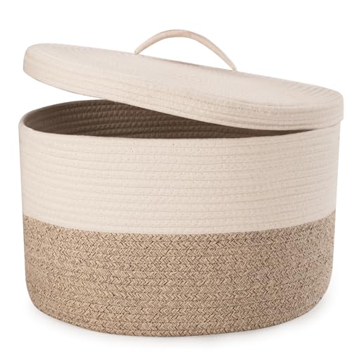 Rieeyrslza Wäschekorb für Decken mit Deckel 32L Gewebter Baumwoll Seil Korb Faltbarer Aufbewahrungskorb mit Hohler Griff, für Wohnzimmer, Platzieren Decken Kissen, 40 x 25cm(Braun) von Rieeyrslza