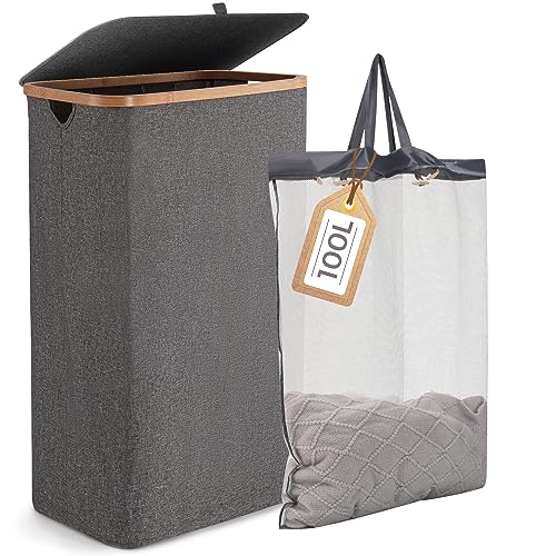 Rieeyrslza Wäschekorb mit Deckel 100L Wäschekorb mit Herausnehmbaren Wäschesack Faltbar Oxford Tuch Wäschekorb aus Bambus für Kleidung, Aufbewahrungsbox für Wohnzimmer und Schlafzimmer (Grau) von Rieeyrslza