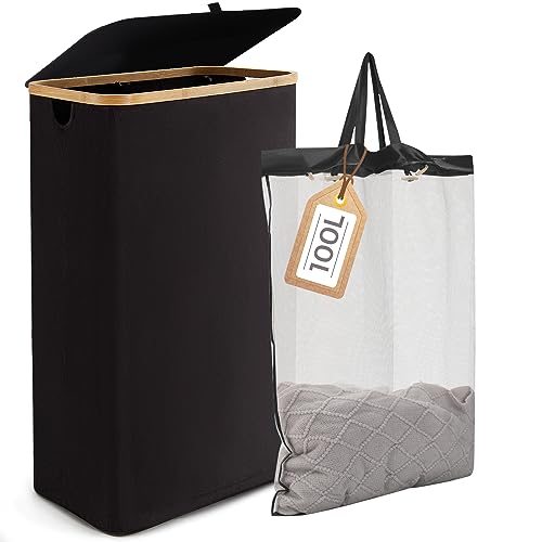 Rieeyrslza Wäschekorb mit Deckel 100L Wäschekorb mit Herausnehmbaren Wäschesack Faltbar Oxford Tuch Wäschekorb aus Bambus für Kleidung, Aufbewahrungsbox für Wohnzimmer und Schlafzimmer (Schwarz) von Rieeyrslza