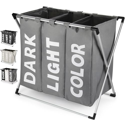 Rieeyrslza Wäschesortierer mit 3 Fächern Oxford 102L Wäschesortierer Oxford Trio Wäschekorb Tuch Faltbare Wäschekörbe Wäschebox Schmutzwäsche Praktische Aufbewahrung Klassifizierung(Grau) von Rieeyrslza