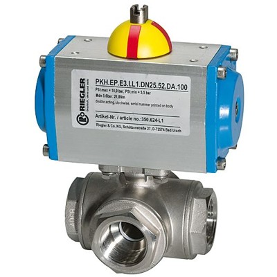 Edelstahlkugelhahn, pneumatischer Stellantrieb doppeltwirkend, L-Bohrung, Rp 1" von Riegler
