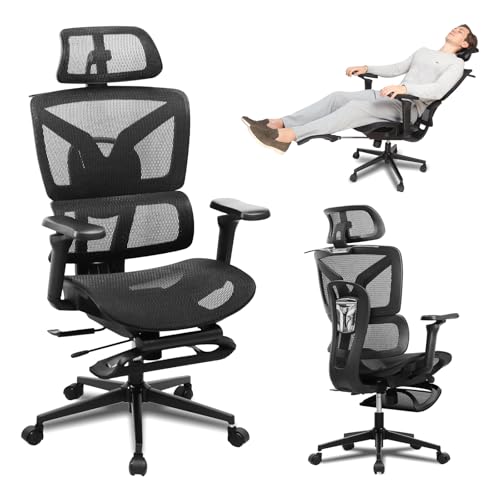 RIEIOR Bürostuhl Ergonomisch mit Fußstütze, 5-D verstellbare Armlehnen, bequemer drehbarer Computer-Schreibtischstuhl, Netzgewebe mit Lordosenstütze, verstellbare Sitztiefe, Rollen für Zuhause, Gaming von Rieior