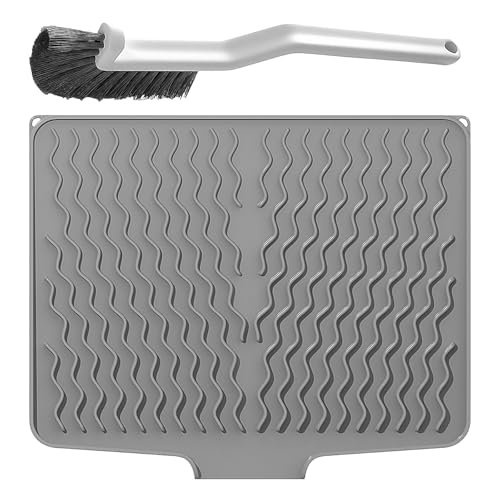 Rieoany Abtropfmatte Silikon 40x33cm, Graue Spülbeckeneinlage mit L-förmiger Reinigungsbürste, Hitzebeständige und rutschfeste Silikonmatte für die Küche und Arbeitsplatte von Rieoany