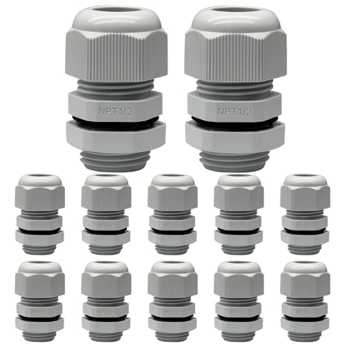 Rierdge 12 Stück 1/2 Zoll NPT Kabelverschraubungen, wasserdichte Steckverbinder, verstellbares 6-12 mm Kabel, IP68 wasserdichte Nylongelenke mit Dichtungen, Grau von Rierdge