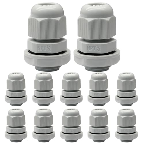 Rierdge 12 Stück 1/4 Zoll NPT Kabelverschraubungen, wasserdichte Steckverbinder, verstellbares 4-8 mm Kabel, IP68 wasserdichte Nylongelenke mit Dichtungen, Grau von Rierdge
