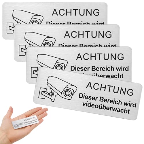 Rierousy 4 Stück Achtung Videoüberwachung Schild Klein 8.5x3 cm, kamera überwachung innen, Achtung Privatgrundstück, Selbstklebend & Aluminium Warnschild von Rierousy