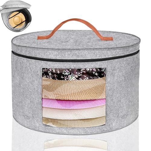 Hutschachtel Rund- Foldable Hat Storage Boxes Fabric with Lid und Zip, Leather Handle, Transparent Window, Hutschachtel- 42 x 25 cm (Light Gray) von Rierousy