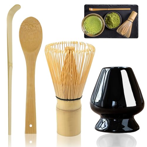Rierousy Matcha Besen 4-Teiliges Set, Matcha-Schneebesen mit 2 Matcha Löffel, Matcha Whisk,Matcha Tea Set, Teepinselhalter aus Keramik (Schwarz) von Rierousy