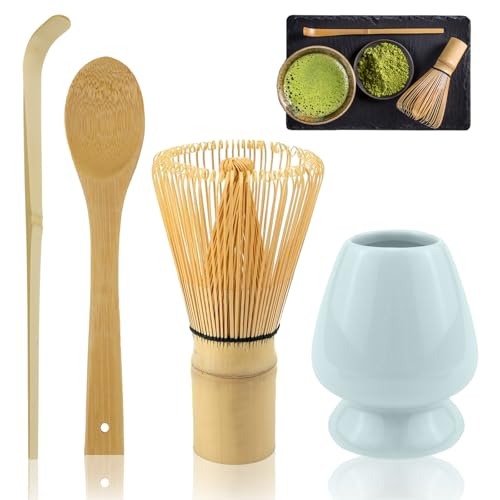 Rierousy Matcha Besen 4-Teiliges Set, Matcha-Schneebesen mit 2 Matcha Löffel, Matcha Whisk,Matcha Tea Set, Teepinselhalter aus Keramik (blau) von Rierousy