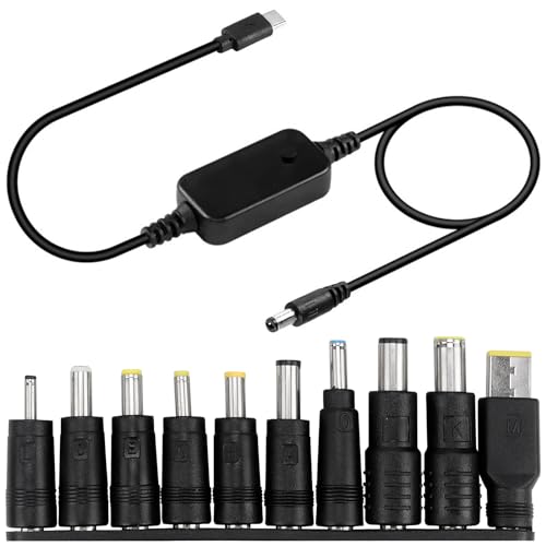 Rierousy PD zu DC Adapter Kabel, Typec-Stecker Auf Dc5521-Stecker, Einstellbare Tastenspannung 5 V/9 V12 V/15 V/20 V mit 10 Multifunktionalen Adaptersteckern Geeignet für Modem-Router, Laptops, Etc von Rierousy