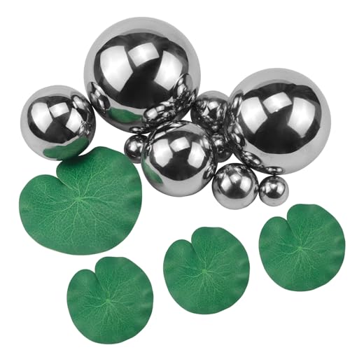 Rierousy Schwimmkugeln für Miniteich Silber Miniteich Deko 2-10cm mit 3 Schwimmend Lotusblätter für Teich Deko Garten Teichdeko Miniteich Teichbecken Deko Kugeln Garten von Rierousy