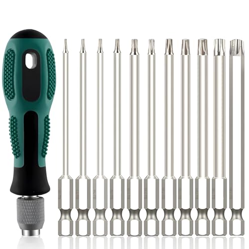 Torx Schraubendreher Set(11er-Set), 100mm T6-T40 1/4" Sechskant Bit Lang, Langer Sechskantschaft mit Griff S2 Torx Schraubendreher von Rierousy