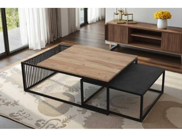 2er Set Couchtische ARCHITECTURE 90cm natur Akazienholz schwarz Steinfurnier Metall rechteckig Sofatisch Wohnzimmertisch Satztisch von Riess-Ambiente.de