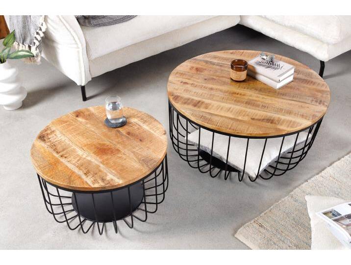 2er Set Couchtische STORAGE 70cm natur Mangoholz mit Stauraum Metall schwarz handmade rund Sofatisch Wohnzimmertisch Satztisch Säulentisch von Riess-Ambiente.de