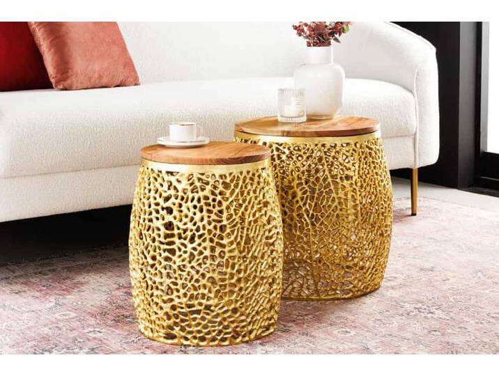 2er Set Filigraner Design Couchtisch ABSTRACT LEAF gold Akazienholz Handarbeit Metall rund Sofatisch Wohnzimmertisch Satztisch Säulentisch Orientalisch Vintage von Riess-Ambiente.de