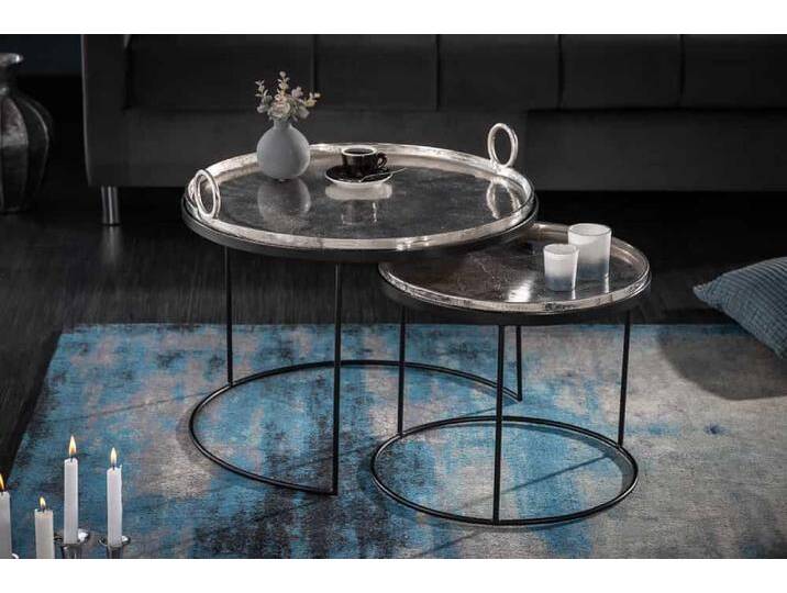 2er Set Runde Couchtische ELEMENTS 65cm silber schwarz Metall Tablett Beistelltisch Sofatisch Wohnzimmertisch Satztisch Glamour Orientalisch von Riess-Ambiente.de