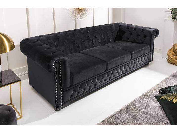 Barock Sofa CHESTERFIELD 205cm schwarz Samt Federkern Knopfheftung 3-Sitzer Couch Wohnzimmer von Riess-Ambiente.de