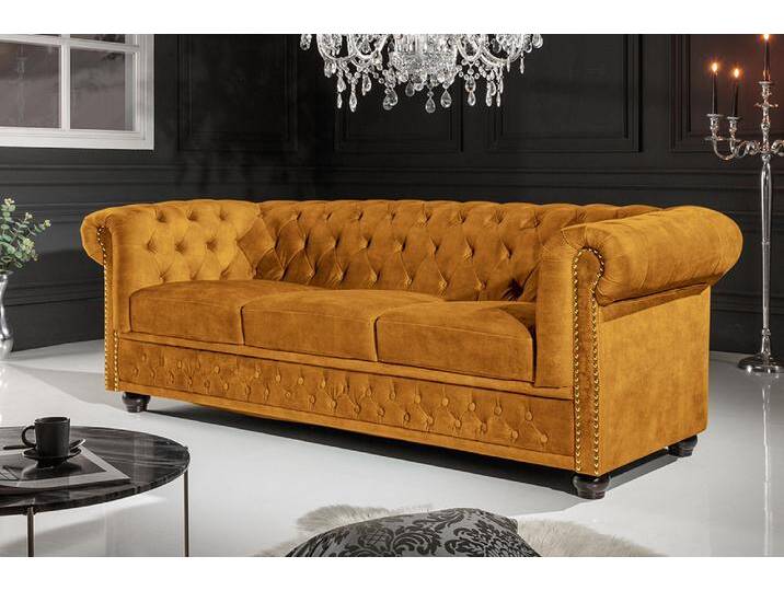 Barock Sofa CHESTERFIELD 205cm senfgelb Samt Federkern Knopfheftung 3-Sitzer Couch Wohnzimmer von Riess-Ambiente.de