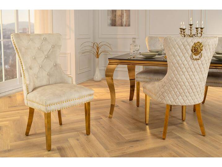 Barock Stuhl CASTLE DELUXE beige Samt gold Edelstahl mit Löwenkopf Ziernieten Esszimmerstuhl Küchenstuhl von Riess-Ambiente.de