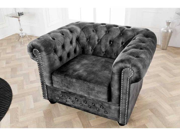 Barocker Sessel CHESTERFIELD grau Samt Federkern mit Knopfheftung von Riess-Ambiente.de