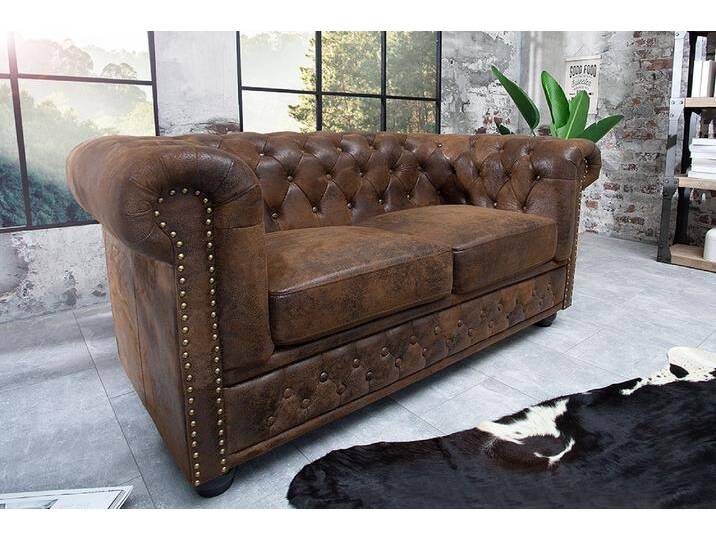 Chesterfield 2-Sitzer Sofa 150cm antik braun Microfaser Federkern Knopfheftung Wohnzimmer von Riess-Ambiente.de